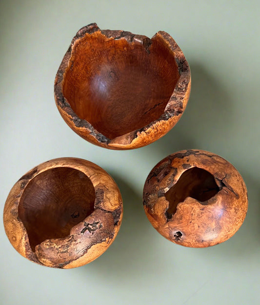 Set of Three Handcrafted Cherry Burl Wood Bowls